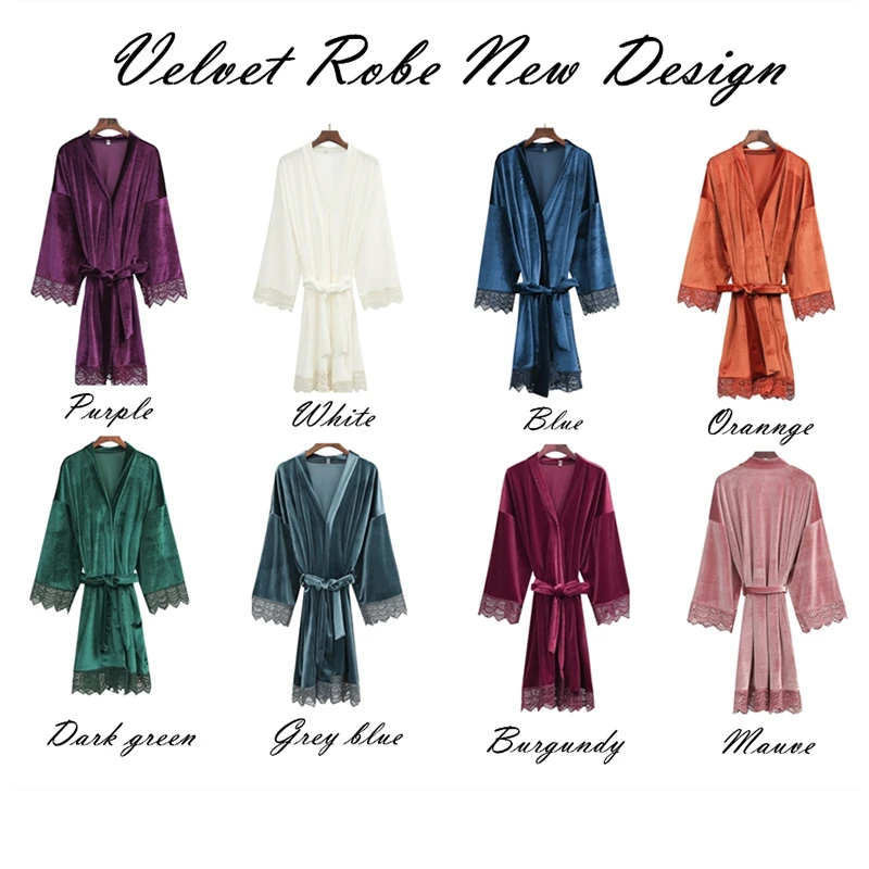 Solid Velvet Robe Bridal Robe Bridesmaid Robes Lace Trim Wedding Robe Sleepwear Bathrobe Dressing Long Gowns kimono robe