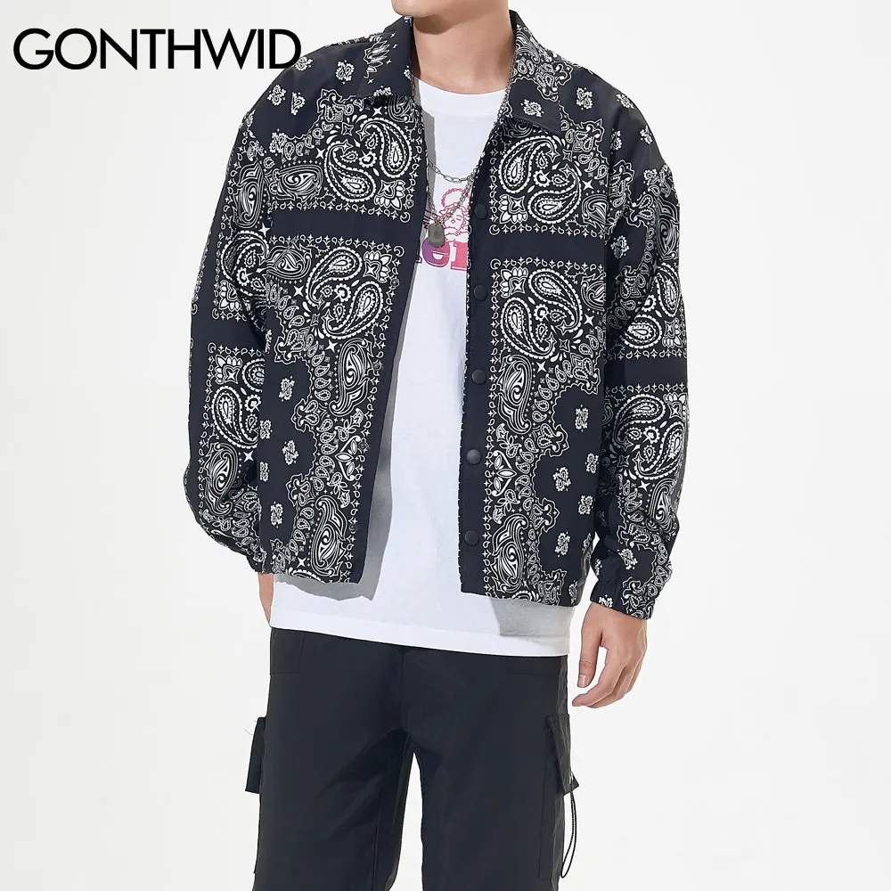 

GONTHWID Bandana Paisley Pattern Print Short Style Windbreaker Jacket Coats Streetwear Hip Hop Mens 2020 Casual Jackets Tops