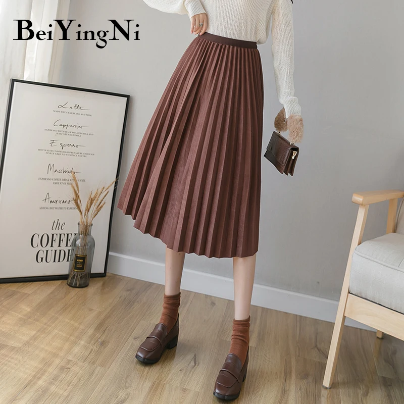 Женская замшевая юбка миди Beiyingni длинная Плиссированная с высокой талией и