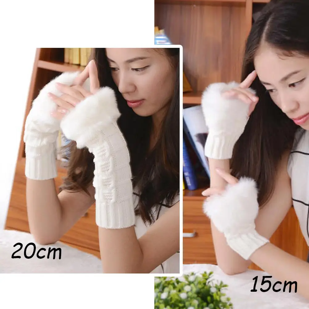 White Sparsil, женские теплые перчатки, 15 см/20 см, Осень-зима, жаккардовые, вязаные, без пальцев, короткие, варежки, женские, милые, мягкие, плюшевые эластичные, перчатки - Цвет: White