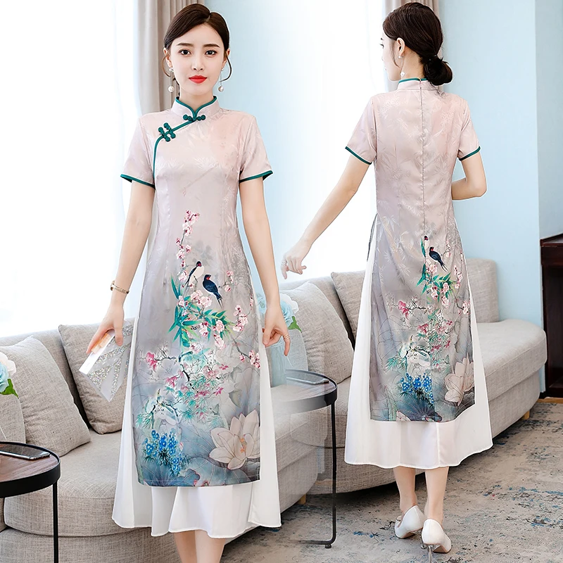 Женское длинное летнее платье в китайском стиле Ципао с коротким рукавом