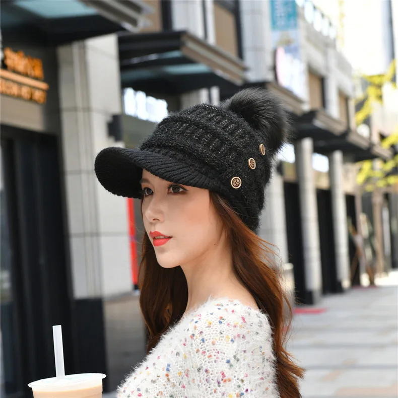 

2020 New Winter Fur Pompom Hat for Women Autumn Cotton Knitted Baseball Cap with Pompon Brand Visor Caps Ladies Skullies Beanies