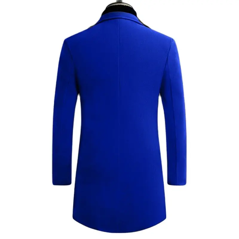 Длинное мужское пальто шерстяное с лацканами на пуговицах однотонная отделка