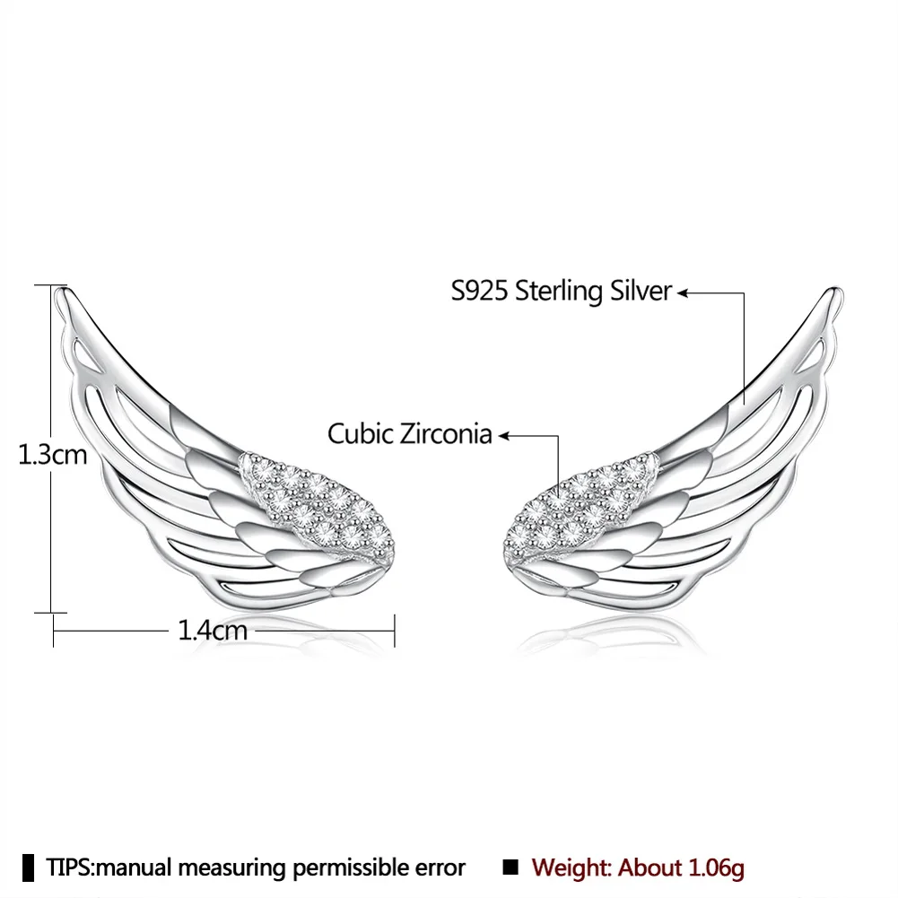 

QWC 2021 New 100% S925 Sterling Silver Cubic Zirconia Stud Earrings Angel Wings For Women Cute Romantic Elegant s925 Jewelry
