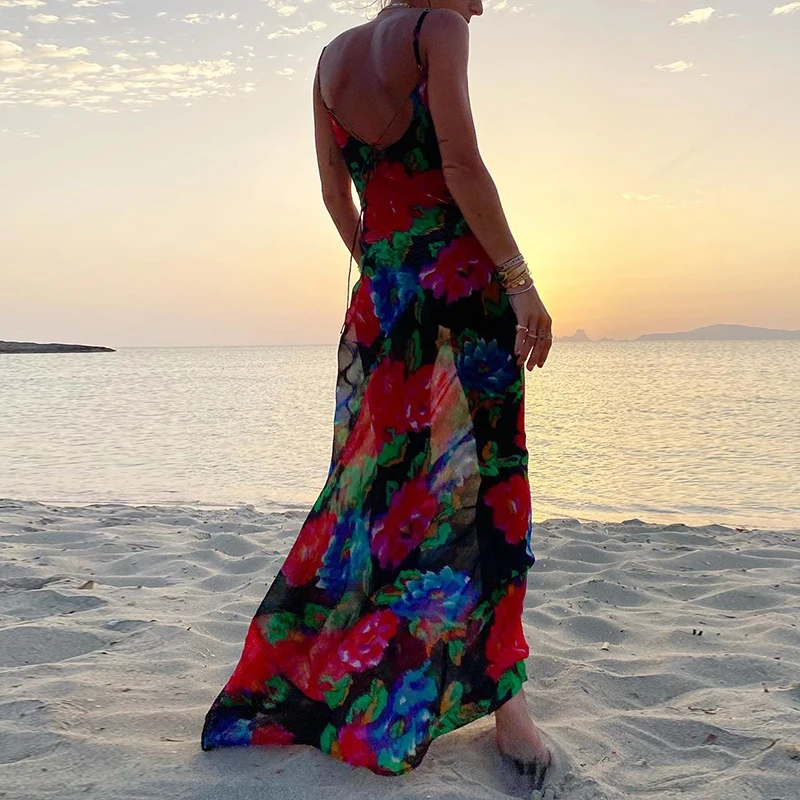 NewAsia Black Floral Maxi Dress for Women - Cowl Neck, Spaghetti Strap, Backless Print. Ideal for Beach, Party, Night Out. Sexy Long Dress for Women. image 2