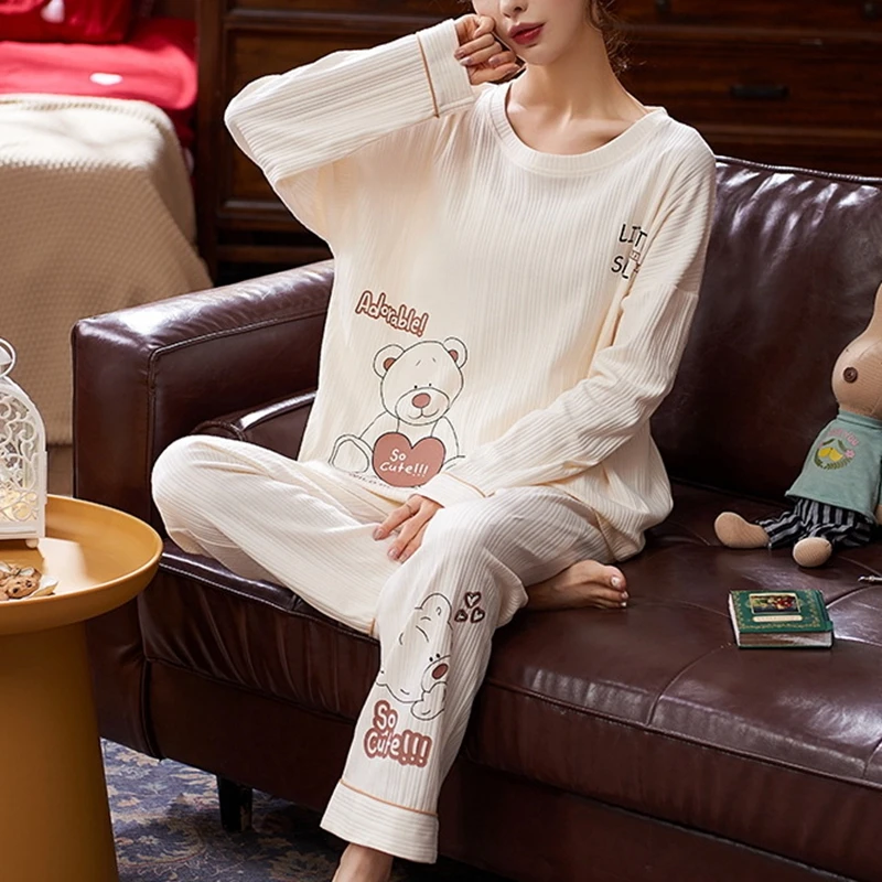 

Simple Sleepwear Pyjamas Women's Pajamas Cotton Long Sleeve Ladies Pijama Sets Homewear Cute Cartoon Lounge Wear T-shits