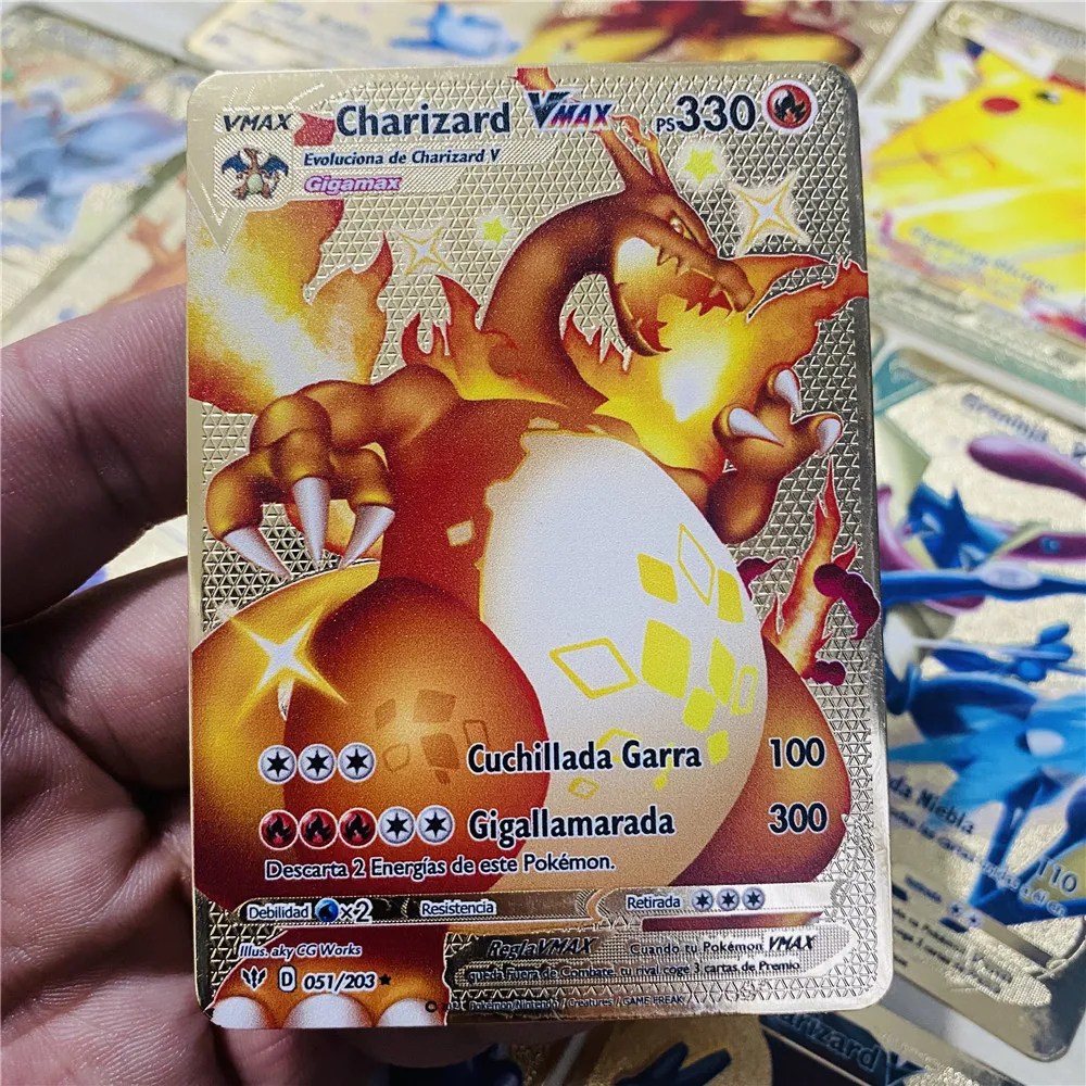 Испанские Покемоны металлические карты V-образные Желтые Vmax коллекция подарков