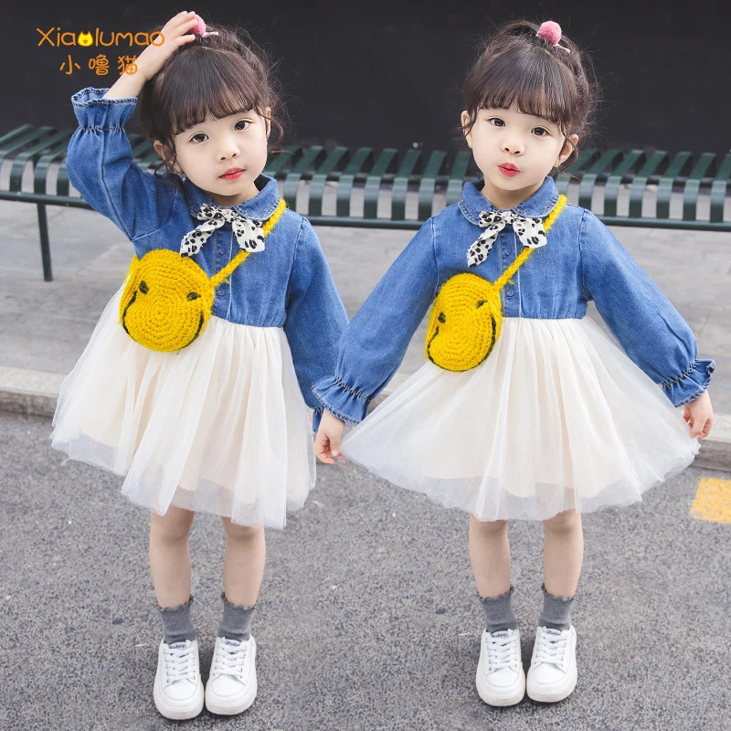 

Denim dress children dresses tulle dress girl Chiffon fashion korean summer blue tiktok clothes wholesale clothing dropshipping