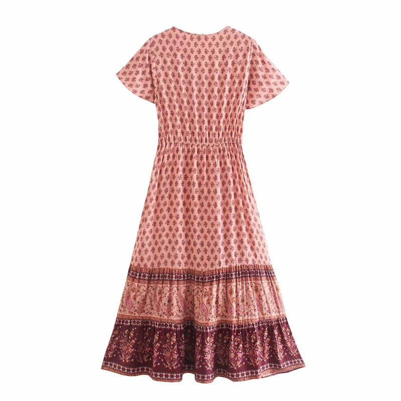 

WXWT Za Women Vintage Print Bohemian Long Dress Short Sleeve V Neck Ladies Summer Dress Vestidos ST9788