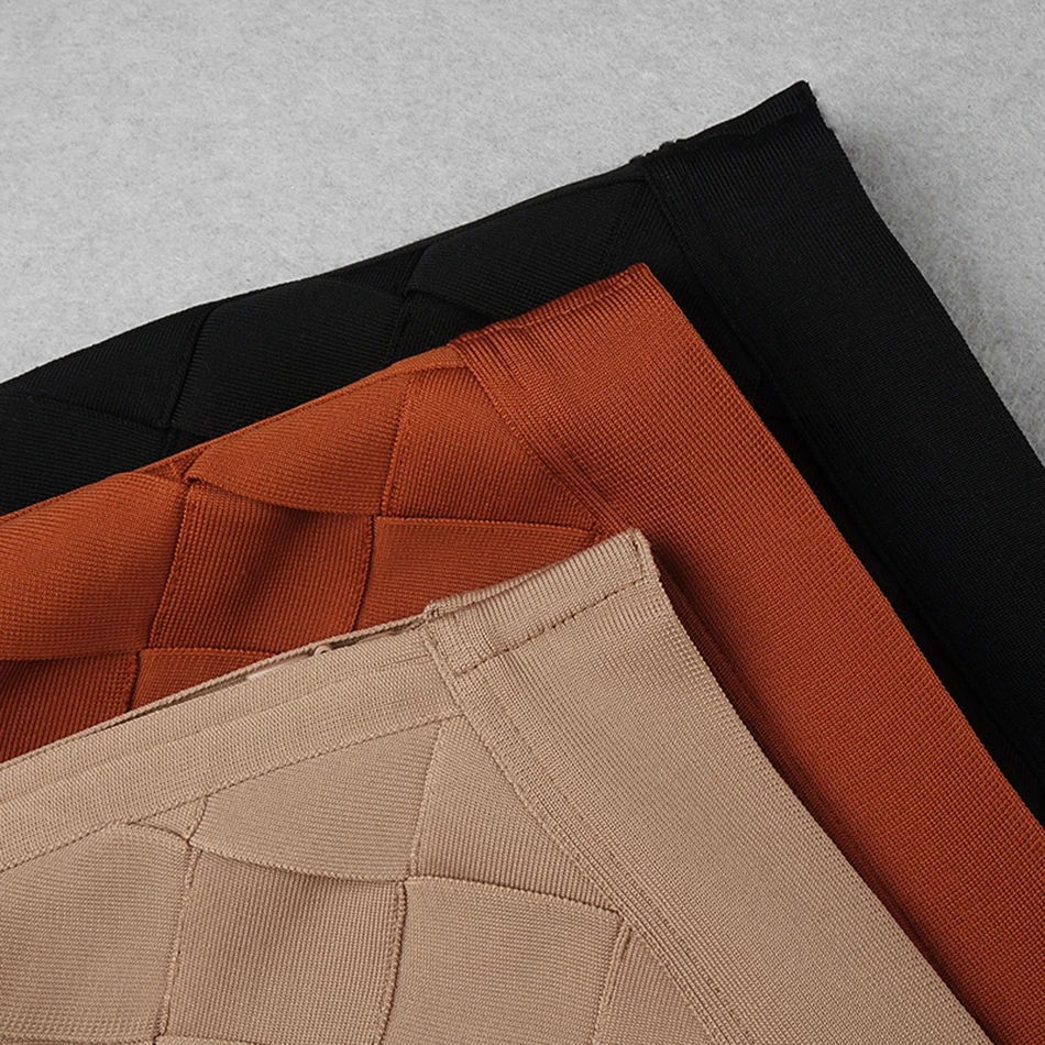 

High Quality 2020 Winter Brown Plaid Woven Tassel Bodycon Skirt Elegant Women'S Celebrity Party Club Bandage Knee-Length Skirt