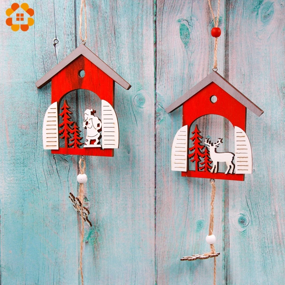 1PCS Red Wooden Santa Claus/Snowman Christmas Pendants Ornaments House Shape Xmas Tree Ornament For Party Decoration | Дом и сад