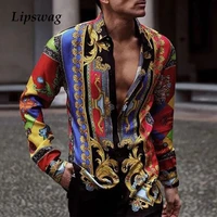 2021 spring mens vintage shirts new casual button turn down collar tops male autumn long sleeve fashion pattern print streetwear