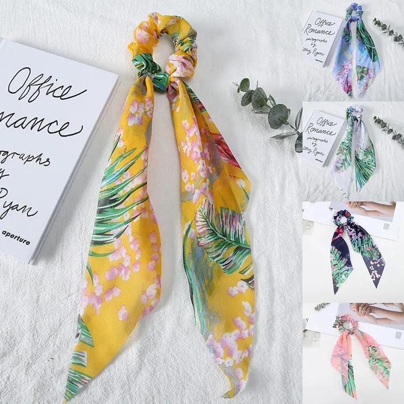 

Vintage Summer Seaside Scrunchies Chiffon Flower Leaf Long Hair Ribbon For Women Sea Beach Holiday Elastic Hair Band Accessories
