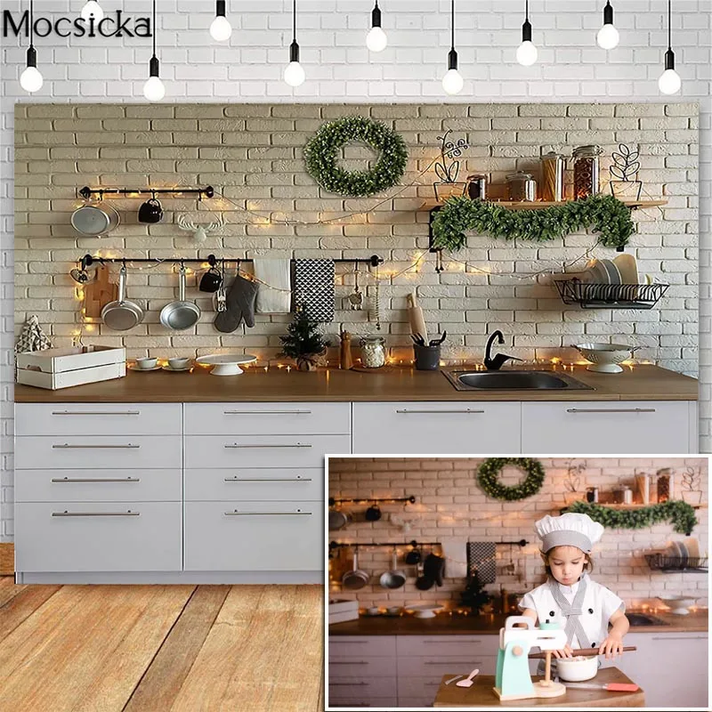 MOCSICKA рождественские кухонные фоны для фотосъемки белый шкаф кирпичная стена