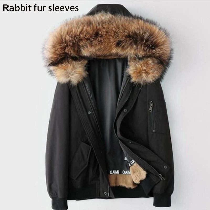 Furlove,, парка, зимняя куртка, Мужская парка, пальто с натуральным мехом енота, воротник с капюшоном, мех кролика, парка, теплая, толстая