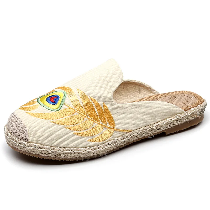 

Summer New Ladies Canvas Shoes Round Head Breathable Embroidery Lazy Shoes Flat Slippers Women's Single Shoes Women Shoes