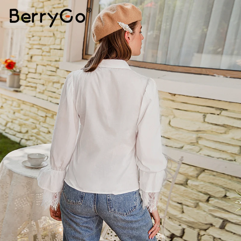 

BerryGo Casual turndown collar women blouse shirt Bubble sleeve embroidery flower female tops blouse Office lady splice blouse