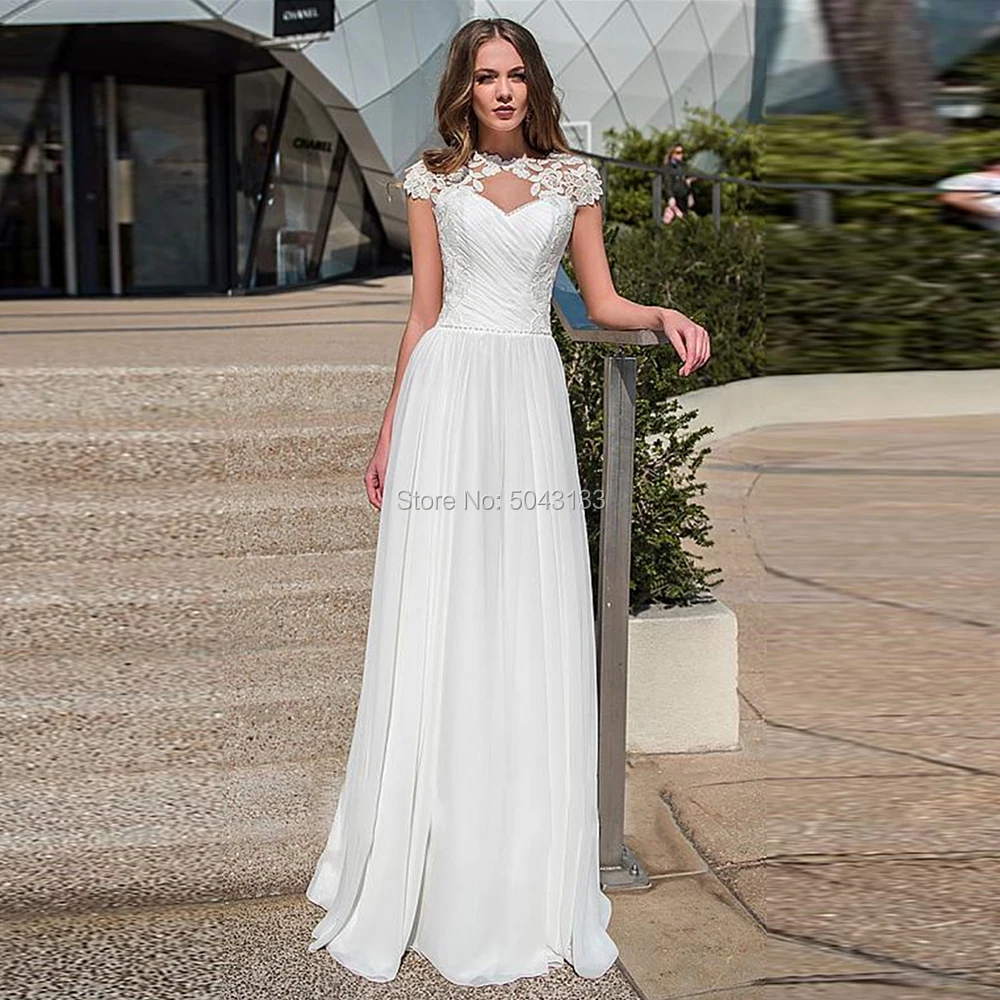 

A Line Boho Chiffon Wedding Dresses 2021 Lace Applique High Neck Short Sleeves Bridal Gowns Corset Back Floor Length Bride DresS