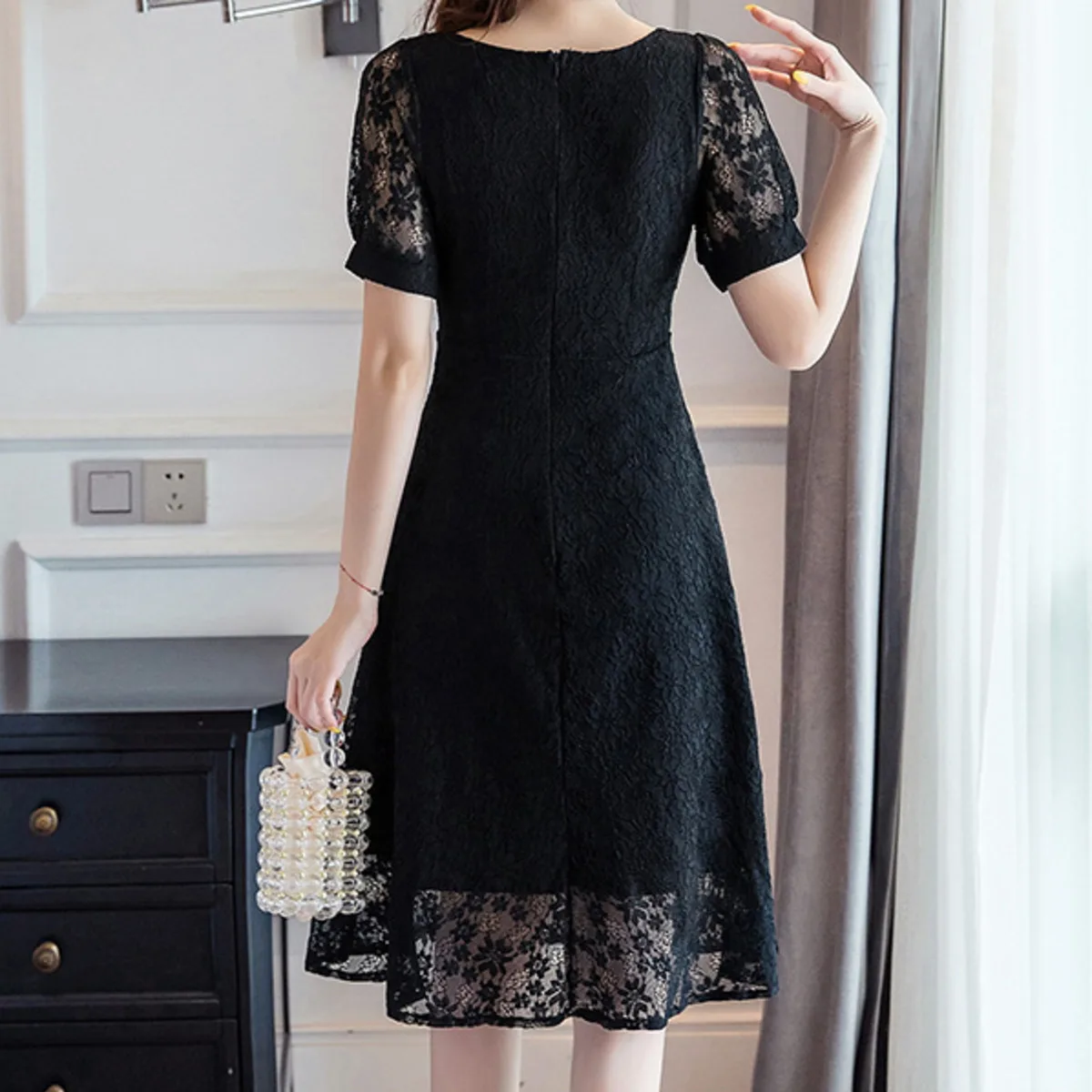 

BacklakeGirls Fashion Women Sexy O Neck Apricot Lace Dress Romantic Lady Short Sleeve A-line Summer Cocktail Dress