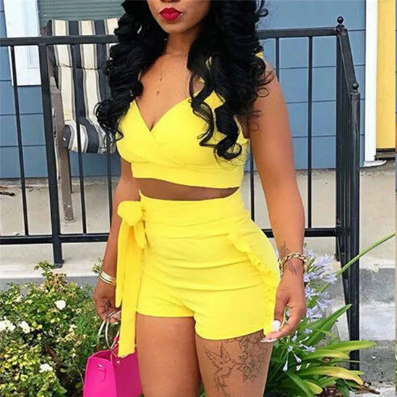 

Женский комплект с шортами hirigin, комплект из двух предметов, однотонная укороченная майка без рукавов с оборками и открытой спиной, повседневная одежда с бантом на бретелях