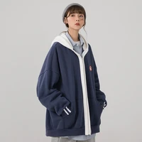 fake two piece hooded jacket women autumn winter korean version loose plus fleece cardigan sweater baseball uniform