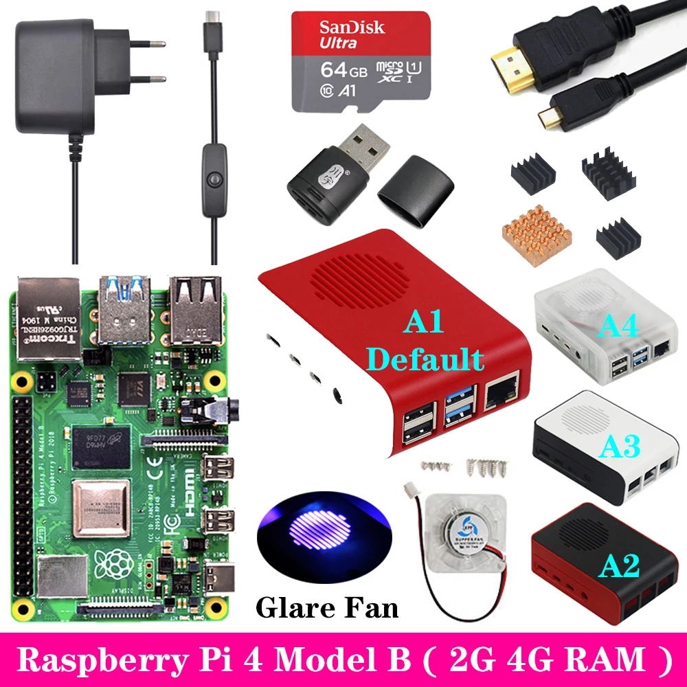 Raspberry Pi 4 2GB 4GB RAM with ABS Case Glare Fan 3A Power Supply Adapter Micro HDMI Cable for Raspberry Pi 4 Model B Pi 4B Pi4