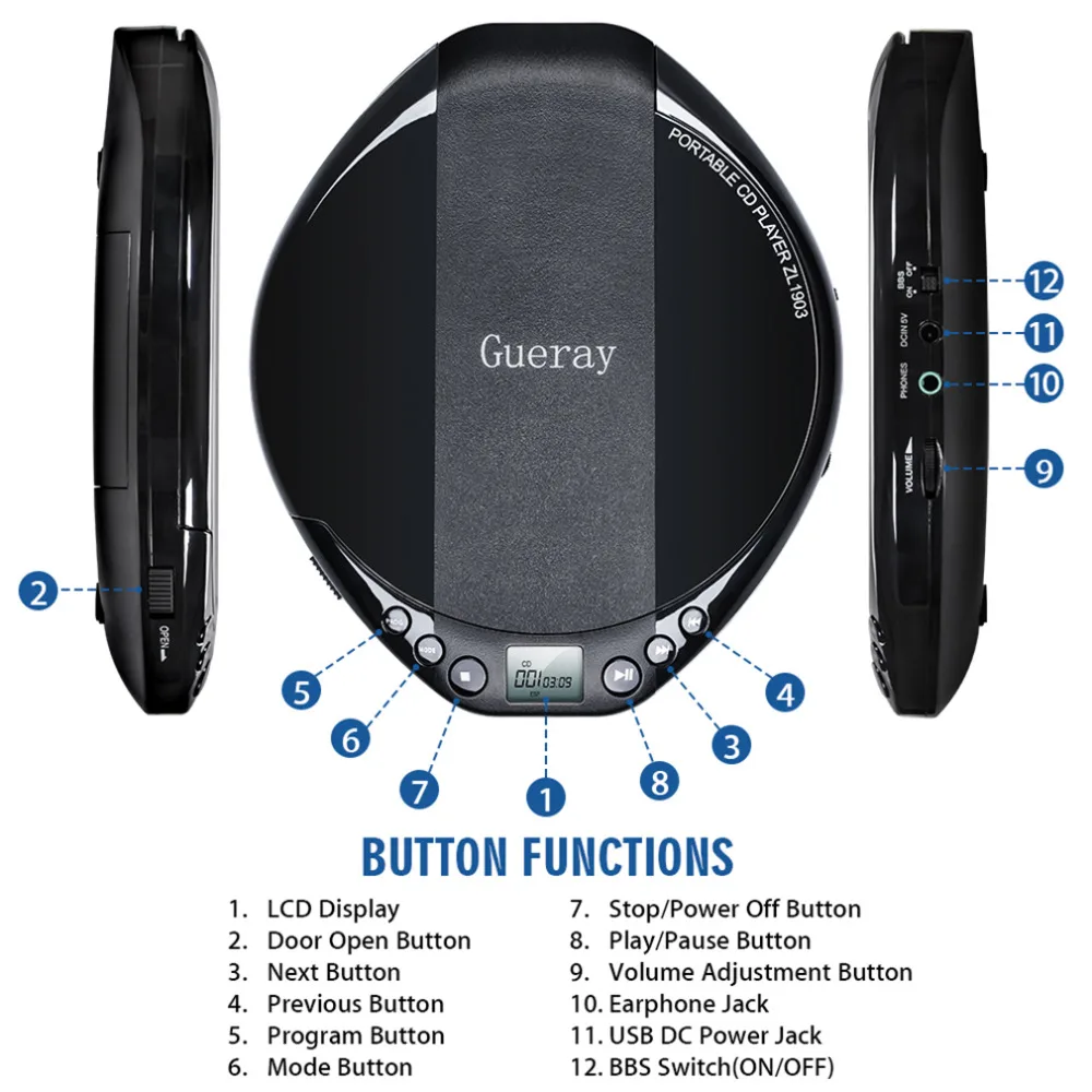 Qosea портативный CD-плеер Hifi с наушниками Walkman плеер противоударный Анти-пропуск персональный ЖК-дисплей роскошный музыкальный проигрыватель дисков