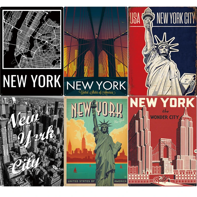 

City Lanscape Metal Wall Art America New York Tin Poster Statue of Liberty Vintage Metal Plaque Home Decor Plate Retro Poster