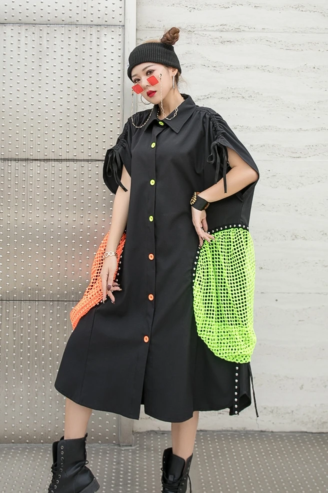 

QING MO 2021 Summer New Women Stitching Mesh Pocket Blouse Women Drawstring Sleeve Shirt Female Plus Size Blouse ZQY6809