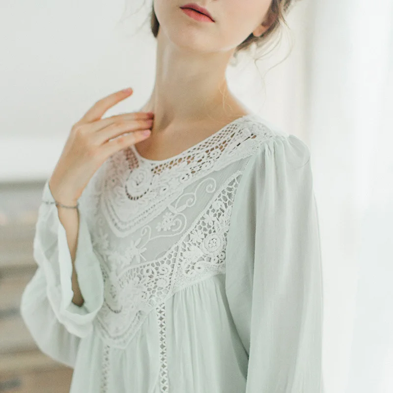 Green 2 pieces women sleepwear French count wind Pajamas set cotton pajamas for female lace Princess bow home service Romatic suit - Цвет: Green