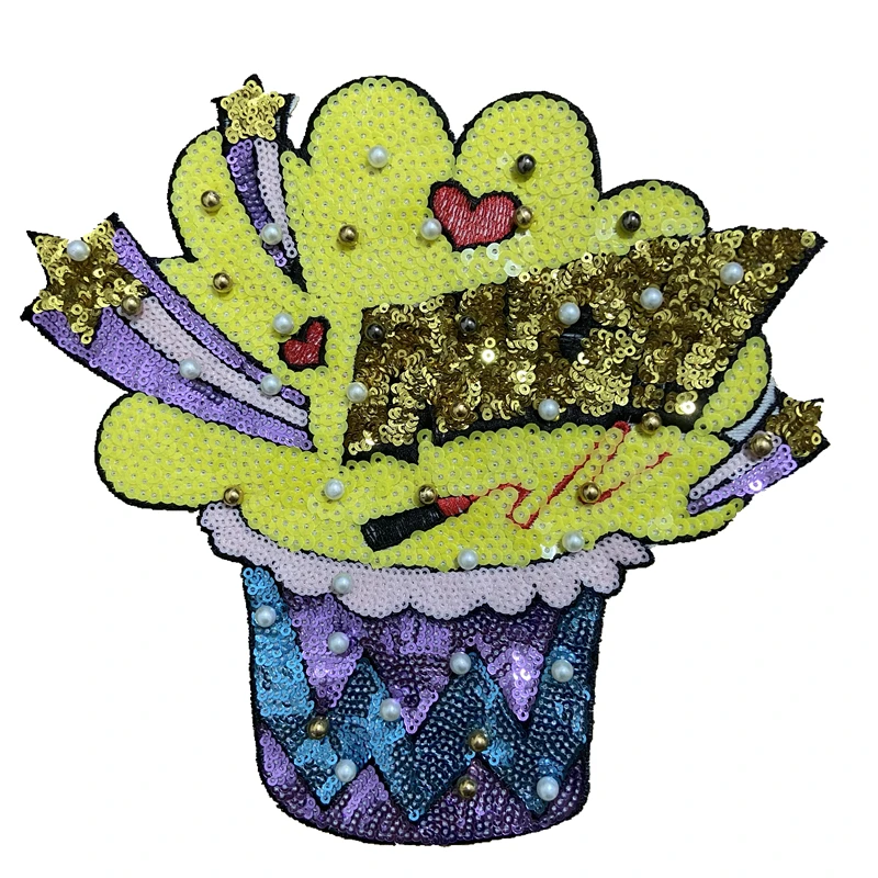 

WUYUCONG 2020 New Handmade Beaded Cupcake Sequined Patches Iron on Sequins Patch for Clothes 1 piece