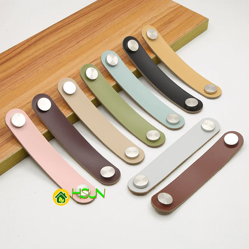 

2 pcs Non perforated cabinet door drawer surface mounted leather handle simple leather buckle leather furniture accessories