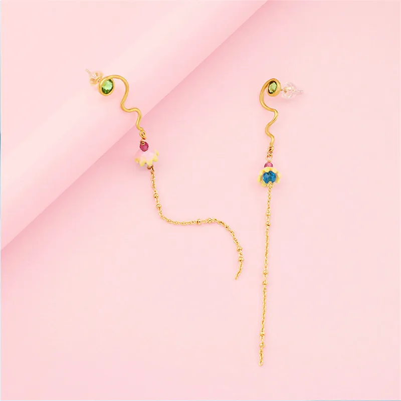 

Japan and South Korea Fashion Simple Long Fringe Earrings Women's Personality Hand-painted Enamel Flower 925 Silver Stud Earring