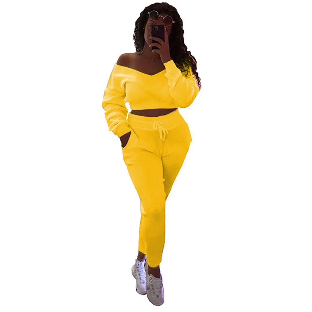 

Long Sleeve Exposed Navel V-Neck Tops And Ankle-Length Regular Drawstring Pencil Pants Street Casual Style Sexy Two Piece Suits