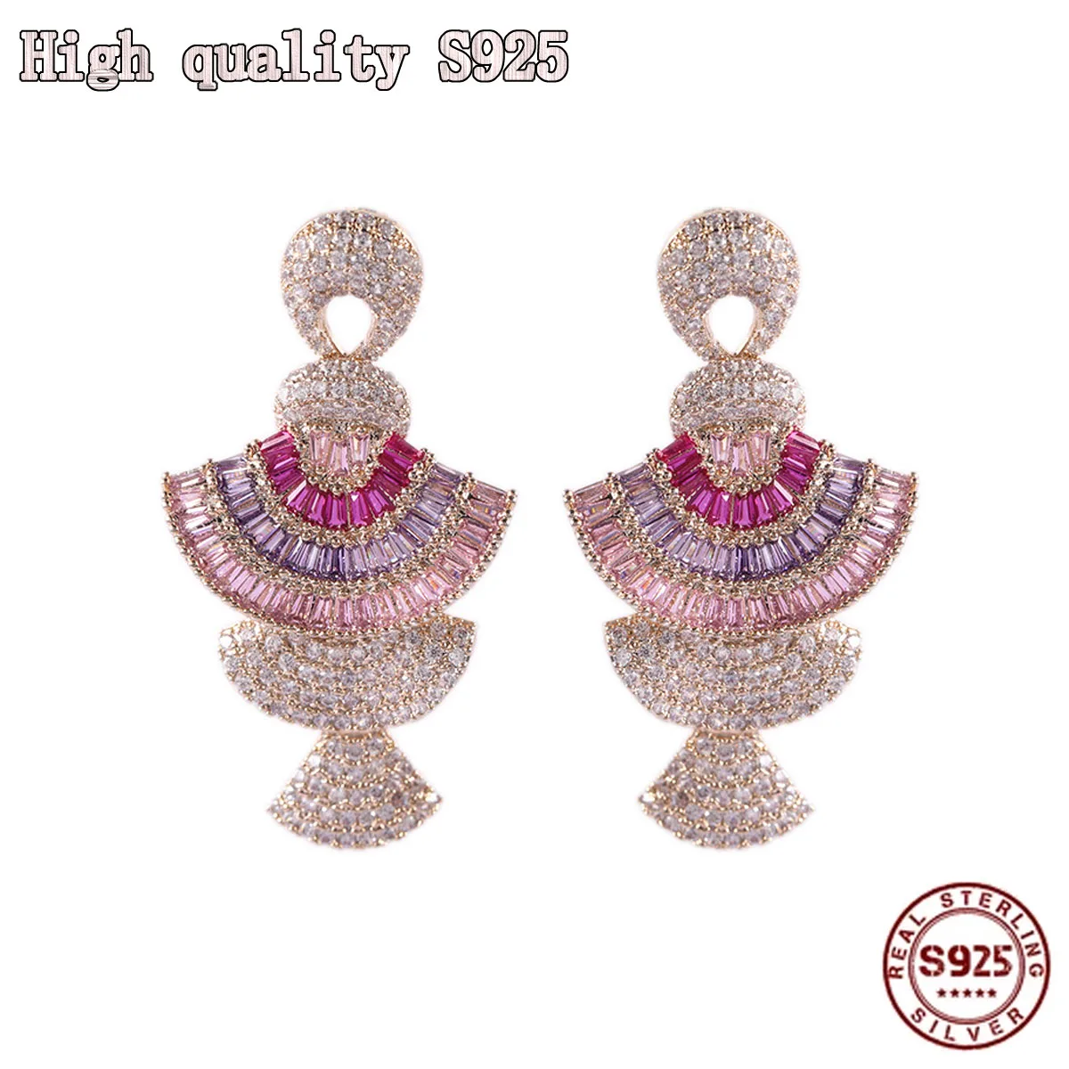 

S925 Silver Needle Fashion High Quality Colorful Zircon Small Skirt Round Face Thinning Stereo Gradient Pink Fan-shaped Earrings