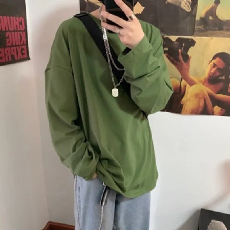 

High Quality 3Xl Fashion Ulzzang Daily Baggy Chic Men Long Sleeve T-Shirts Autumn Male Tops Couples All-Match Basic Simple Cozy