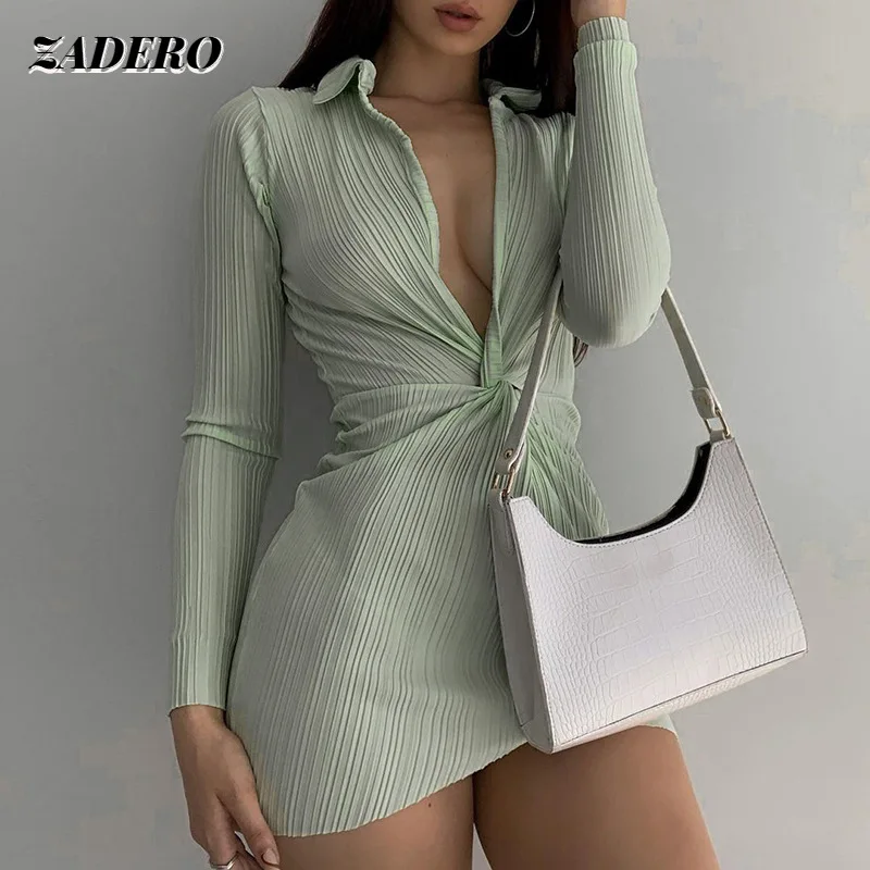 

Sexy Shirt Dress Green Woman Long Sleeve Deep V Neck Pleated Bodycon Elegant Outfits Fashion 2021 Fall Party Clubwear Bodycon