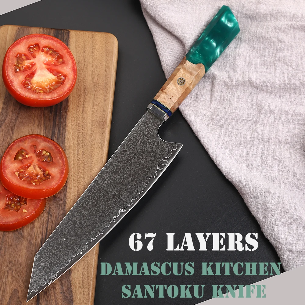 Нож шеф-повара из дамасской стали 67 слоев с ручкой стабилизированной древесины |