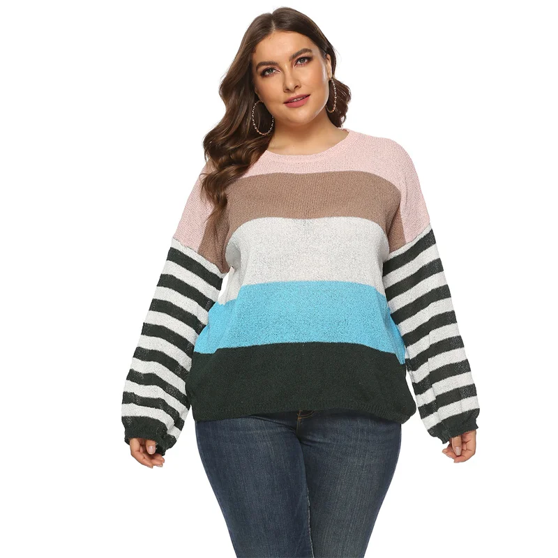 

Fioncrow Plus Size Striped Sweater Women's Jumper 2021 Autumn Pullover Long Sleeve Contrasting Color Casual Round Neck Clothes