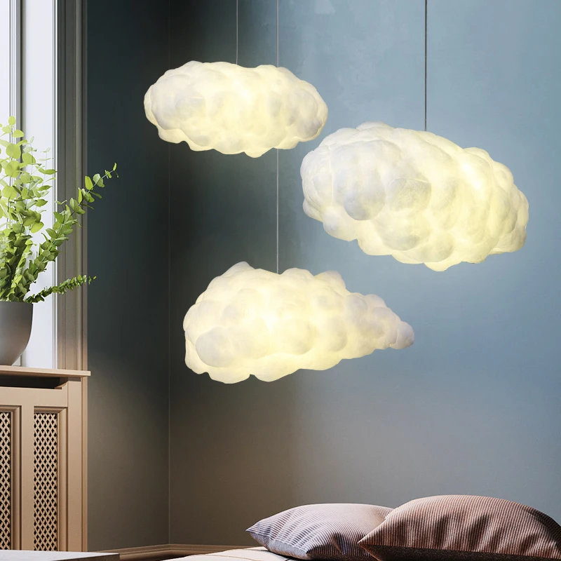 Lámpara colgante con diseño de nubes blancas para habitación de niños, luz LED creativa con nube de algodón de seda, ideal para guardería y escuela