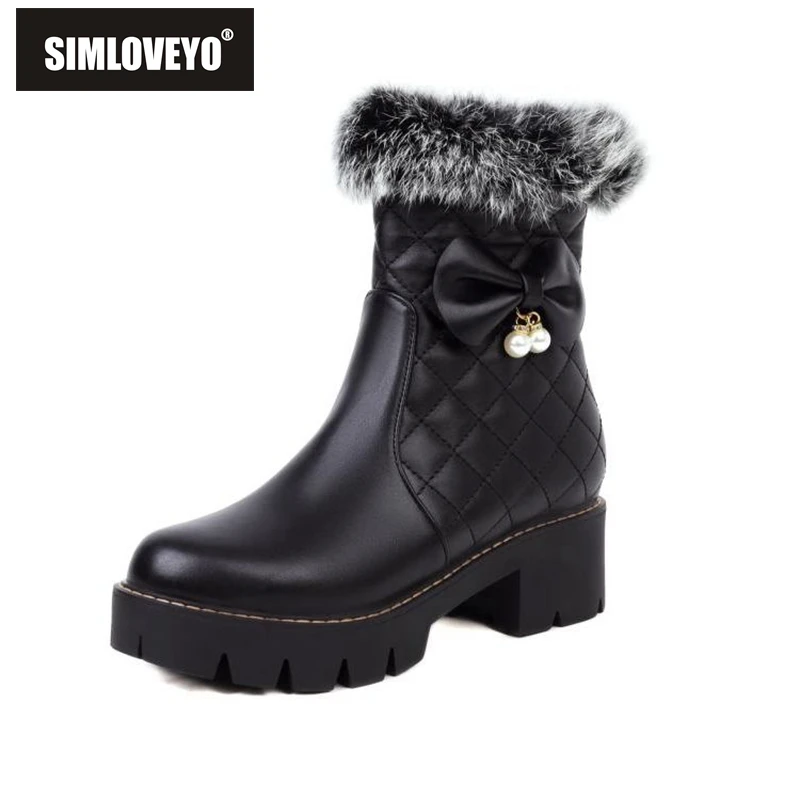 

SIMLOVEYO Black shoes Snow Woman Mid-Calf Boots Round Toe Flat Low Heels Zipper Bowtie Grid Size 34-43 Leisure Winter Warm S2689