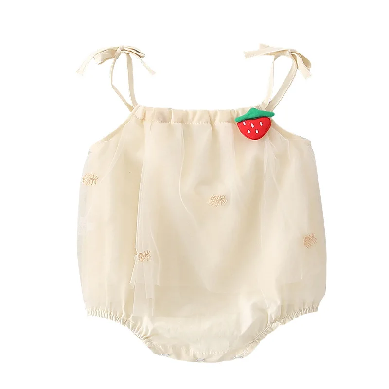 

Summer newborn baby girl cute mesh strawberry embroidery triangle climbing suit baby go out jumpsuit full moon dress