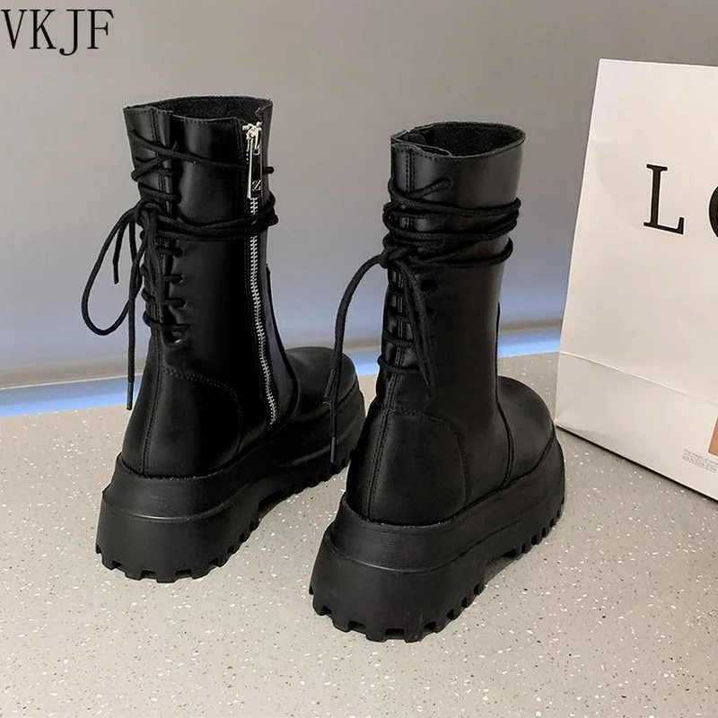 

Женские мотоциклетные ботинки, черные ботинки из искусственной кожи с круглым носком, на зиму, 2021