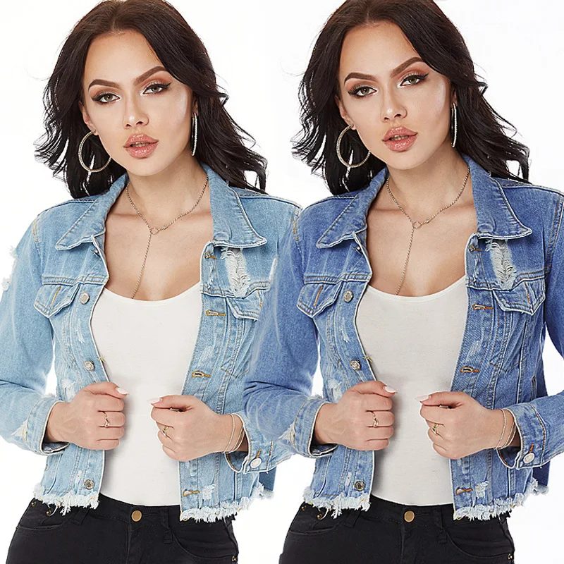 

Women's denim jacket ripped European and American short wear women