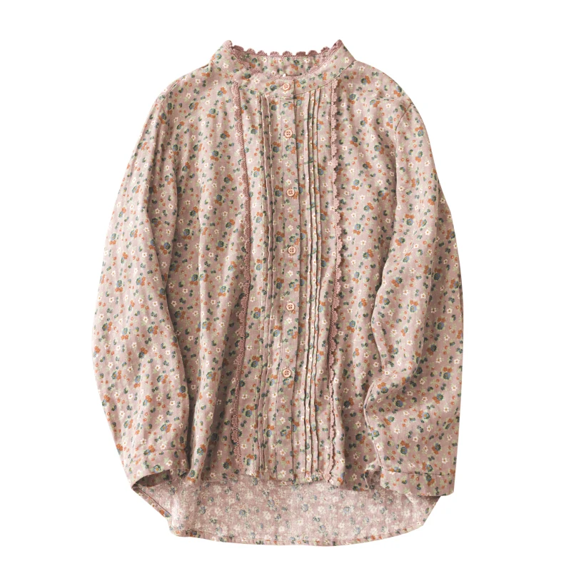 

Lamtrip Lace Edge Stand Collar Pleated Rustic Flowers Print Double Layer Cotton Yarn Shirt Women Blouse 2021 Spring