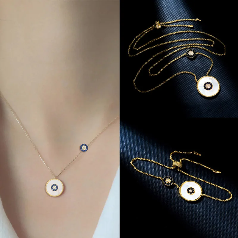 

Top Cute 18k Gold Plated Fashion Pave Blue White Zircon Natural Shell Round Pendant Necklace Sterling Silver Jewelry For Women