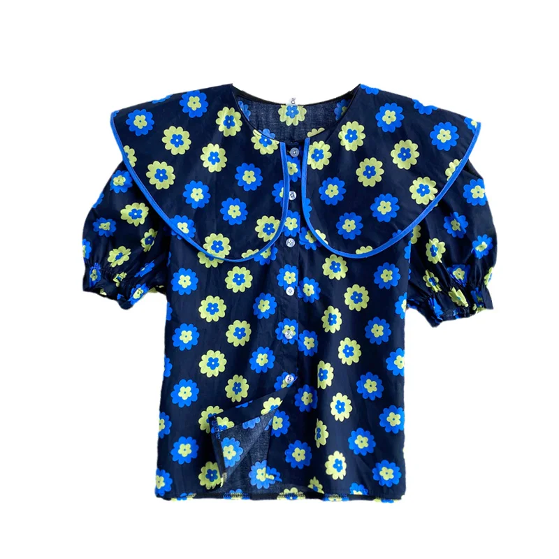 

2021 summer new baby collar bubble sleeve print Flower Top Women's design feeling loose sweet age reducing shirt fashion