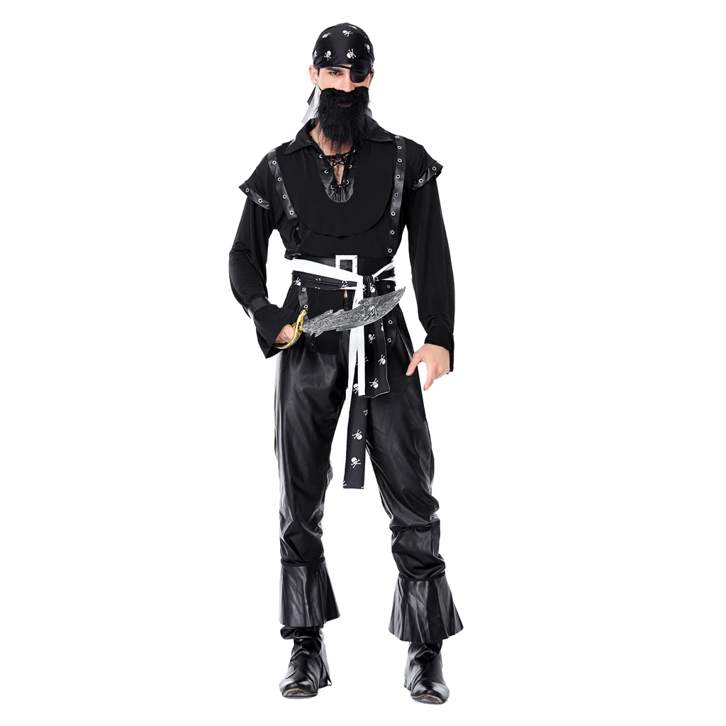 

Stylish Men Beard One Eye Pirate Costume Adult Fancy Dress Outfit Halloween Party Cosplay Masquerade Apparel Black