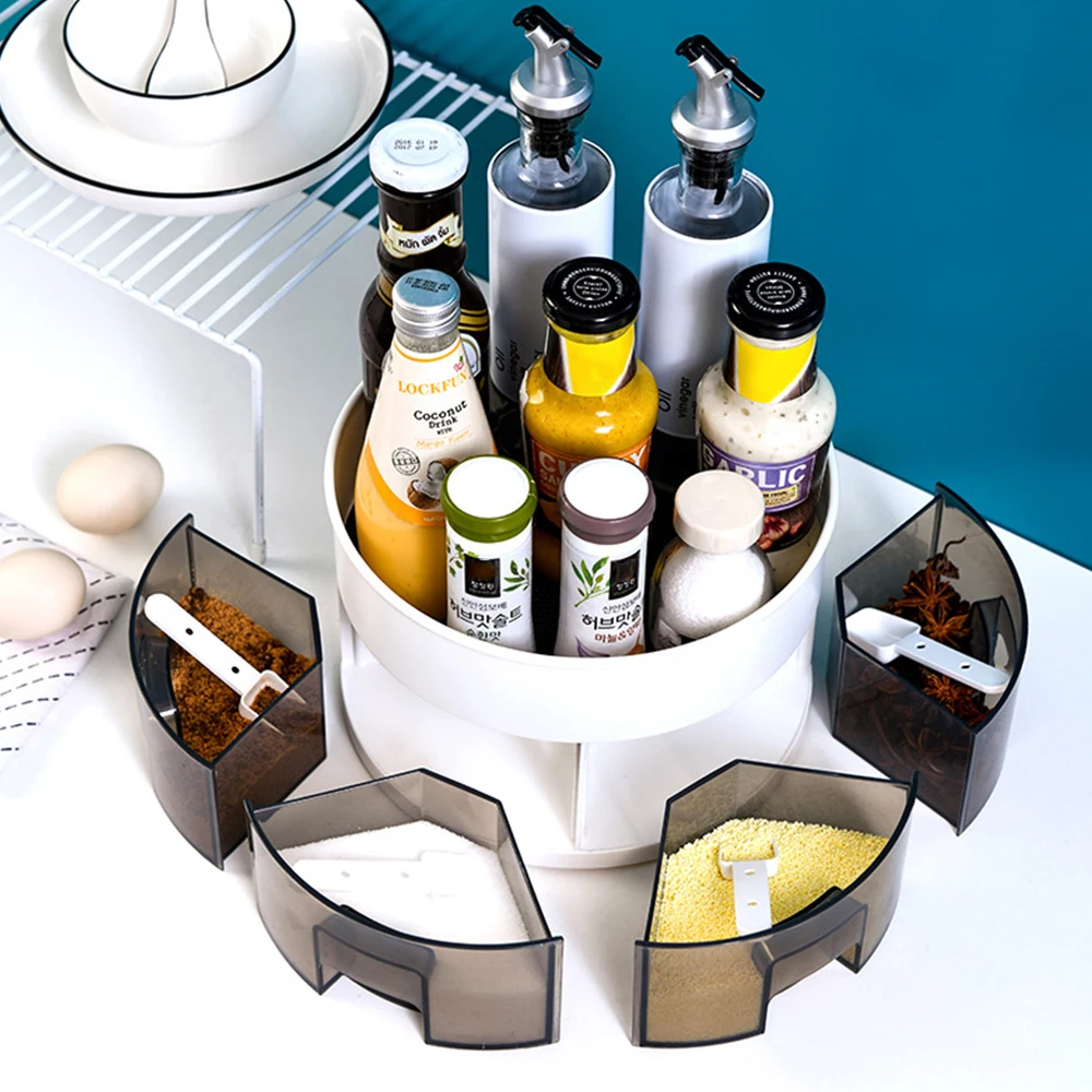 

360°Rotating Storage Rack Seasoning Organizer Shelf Condiment Storage Tray Cabinet Kitchen Supplies Organizer Accessories