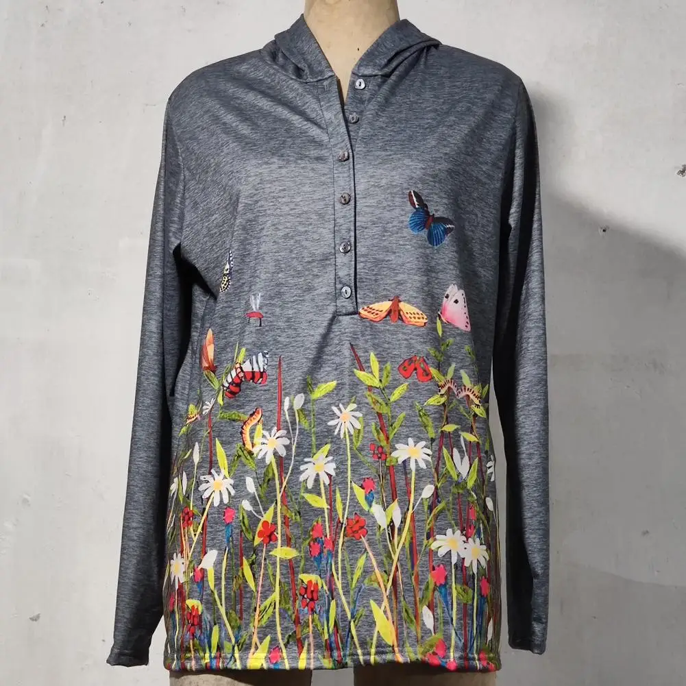 

Women Butterfly Floral Print Blouse V Neck Long Sleeve Buttons Sweatshirt Hoodie